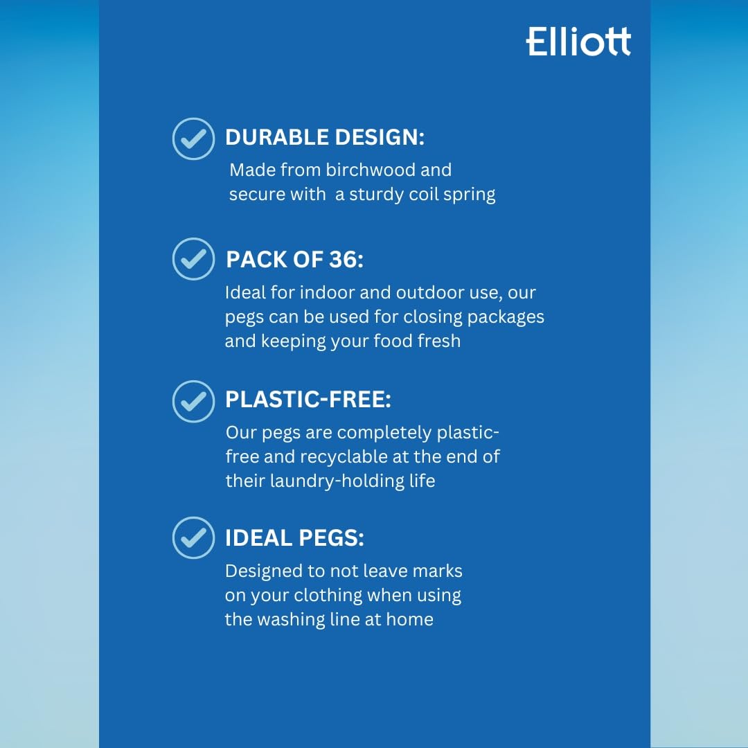 Elliott Hardwood Clothes Pegs with Metal Coil Spring for Firm Grip, Contoured to Prevent Leaving Marks on Clothing, This Pack Include 36 Pegs Ideal for Outdoor and Indoor Use