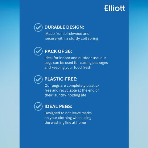 Elliott Hardwood Clothes Pegs with Metal Coil Spring for Firm Grip, Contoured to Prevent Leaving Marks on Clothing, This Pack Include 36 Pegs Ideal for Outdoor and Indoor Use