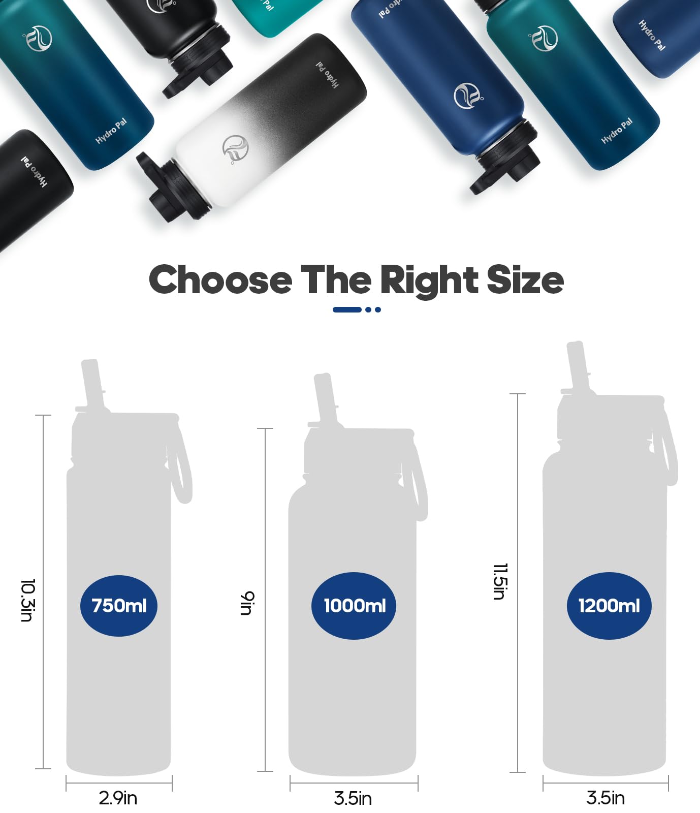 HydroPal Vacuum Insulated Stainless Steel Water Bottle, 1200ml/1000ml/750ml- 2 Lids (Straw Lid and Spout Lid), 2 Straws Water Bottle for 12 Hours Hot & 24 Hours Cold Drinks, Great for Work, Travel