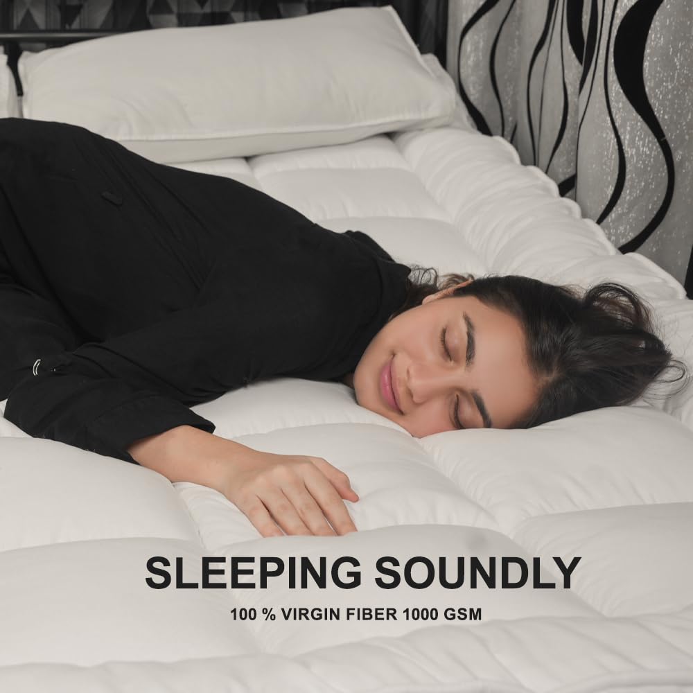 4AS Supersoft Mattress Topper Double Bed - 1100 GSM Filling 4 Inch (10cm) Thick Mattress Topper with Elasticized Corner Straps - White (Double 137x190 cm)