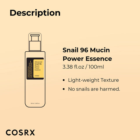 COSRX Advanced Snail 96 Mucin Power Essence 100ml, Skin Repair & Hydrating Serum, Snail Secretion Filtrate 96% & Hyaluronic acid, Korean Skincare, Animal testing free