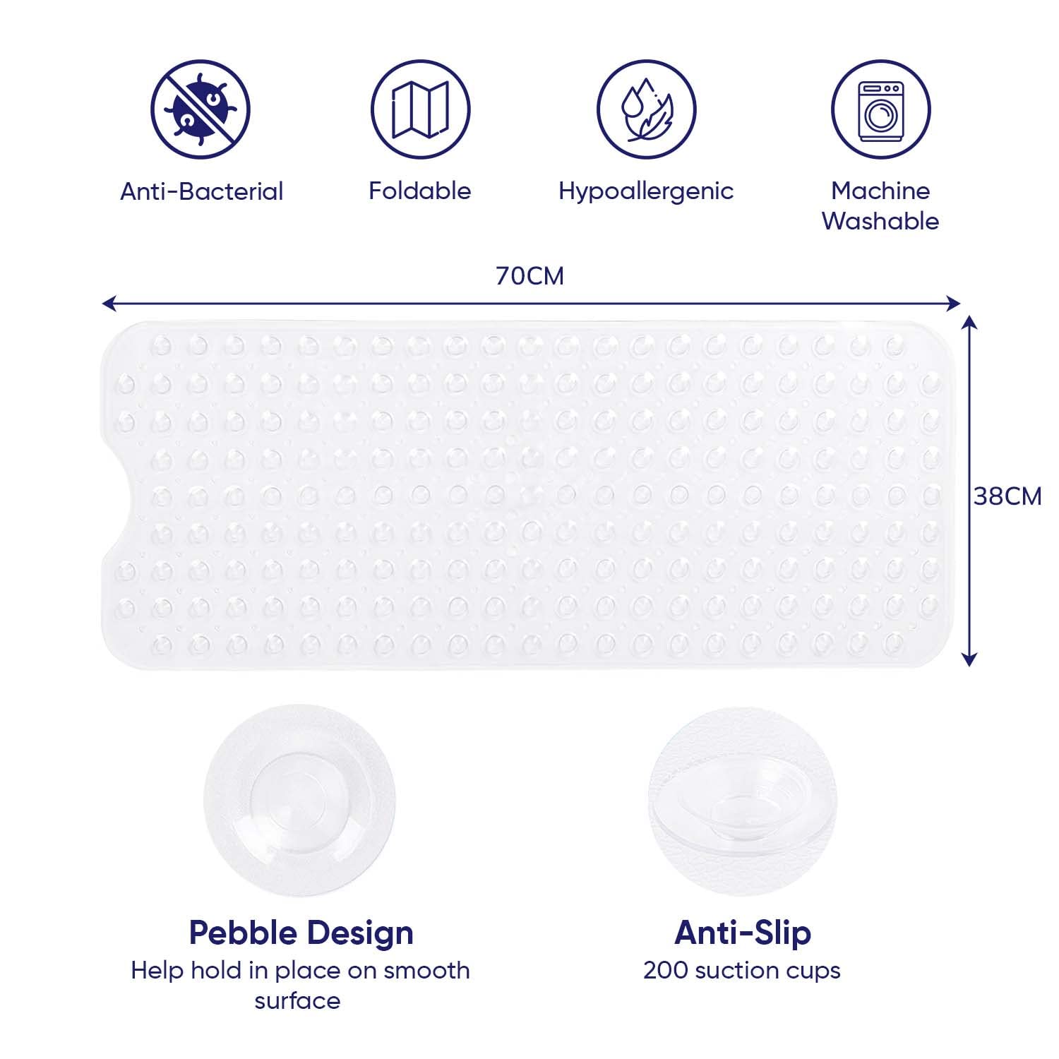 MOONLIGHT20015 Shower Bath Mat Non Slip Anti Mould & Mildew with Strong Suction Cups Grip and Drain Holes Soft Rubber Shower Mats - PVC Bathroom Mat Machine Washable (70x38cm, White)
