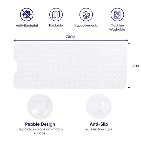 MOONLIGHT20015 Shower Bath Mat Non Slip Anti Mould & Mildew with Strong Suction Cups Grip and Drain Holes Soft Rubber Shower Mats - PVC Bathroom Mat Machine Washable (70x38cm, White)