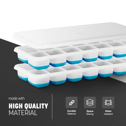 KEPLIN 2pk Silicone Ice Cube Trays with Non-Spill Lids, Easy to Remove Tray, LFGB Certified BPA Free, Flexible Silicone Ice Cube Moulds, Parties, Drinks, Cocktails & Frozen Liquids (2pk Blue)