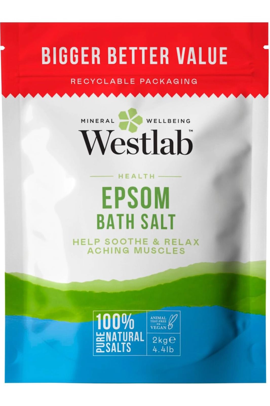 Westlab - Reviving Epsom Salt - 2kg Resealable Pouch - 100% Natural, Pure & Unscented Mineral Salts - Supports Sleep and Relieves Aching Muscles (Packing may vary).