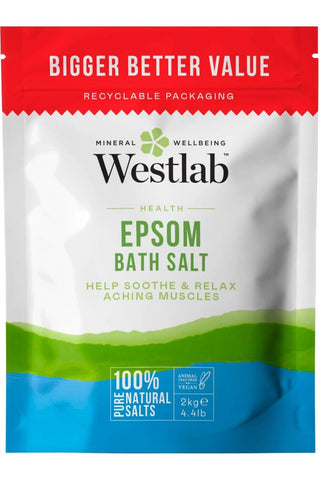Westlab - Reviving Epsom Salt - 2kg Resealable Pouch - 100% Natural, Pure & Unscented Mineral Salts - Supports Sleep and Relieves Aching Muscles (Packing may vary).