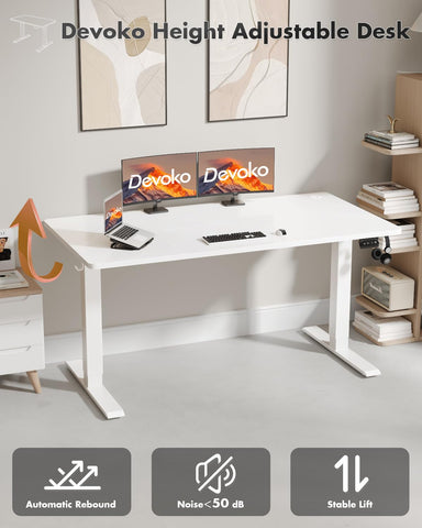Devoko Electric Standing Desk 120x60cm Sit Stand Table Height Adjustable with Backpack Hook and Memory Smart Pannel, Home Office, White
