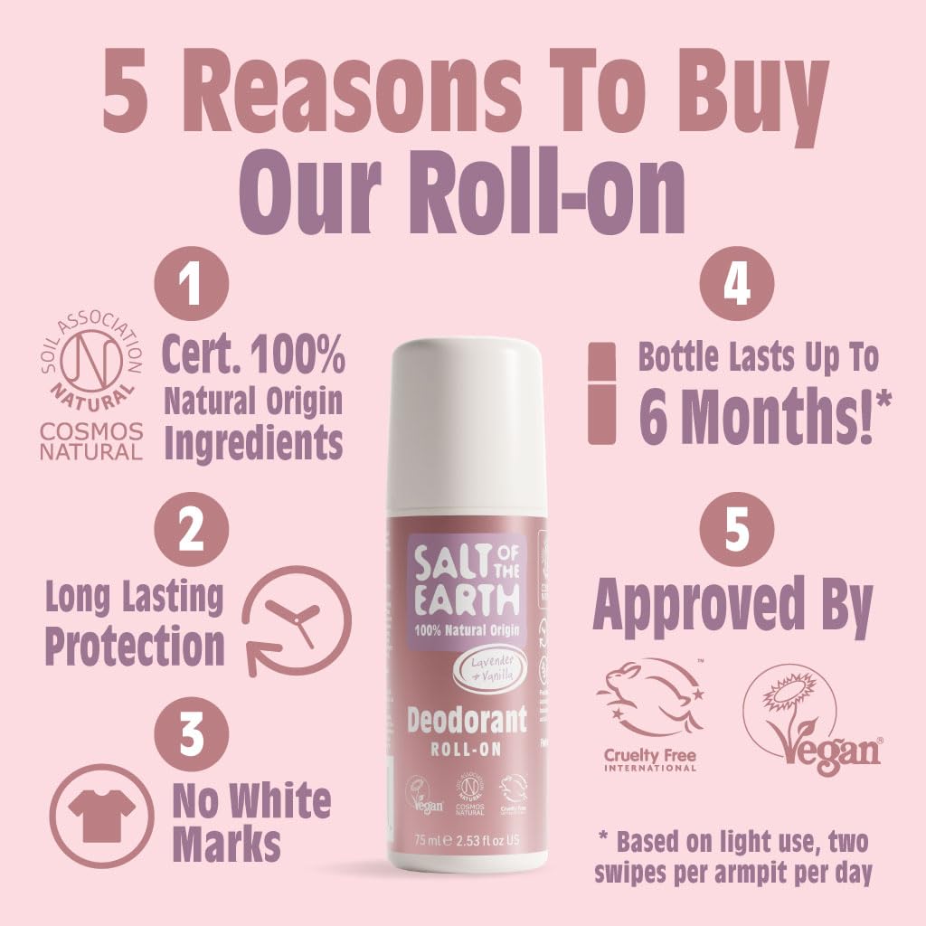 Salt of the Earth - Natural Deodorant Roll On - Lavender & Vanilla - Vegan Formula with Effective Long-Lasting Protection, Made in the UK - Suitable for Women, Men & Kids - 75ml