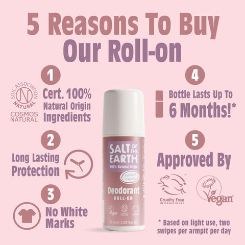 Salt of the Earth - Natural Deodorant Roll On - Lavender & Vanilla - Vegan Formula with Effective Long-Lasting Protection, Made in the UK - Suitable for Women, Men & Kids - 75ml
