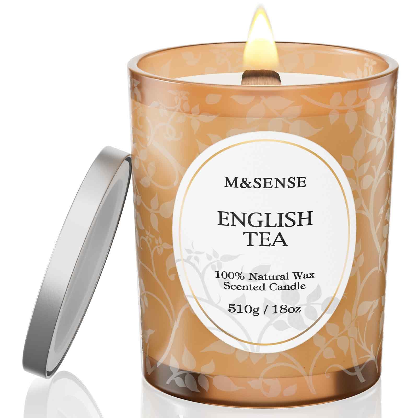 M&SENSE 510g Lemon English Tea Scented Candle, Crackling Wooden Wick Candle with Lid, 100h Long Burning Large Soy Wax, Natural Organic Soy Wax for Sleep, Meditation & Stress Relief