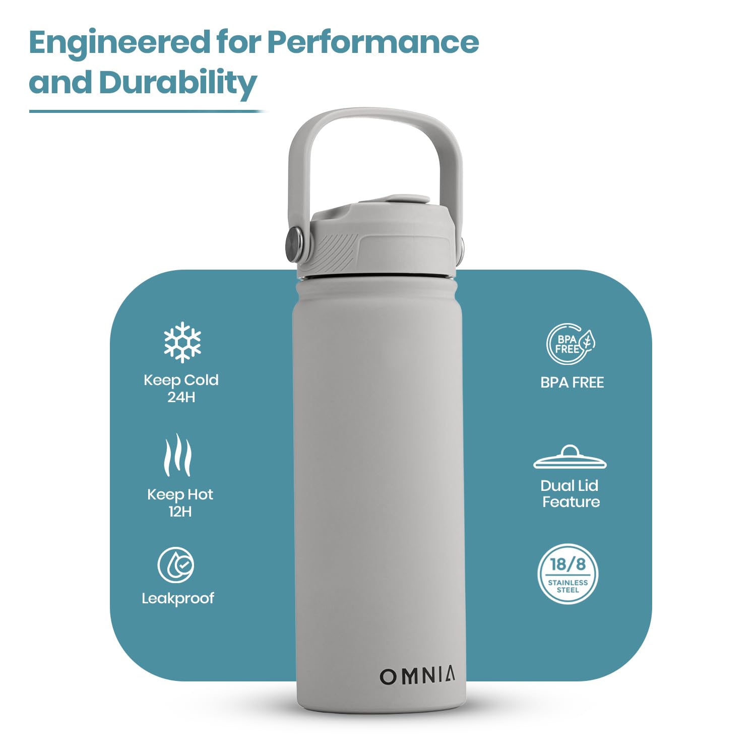OMNIA Vacuum Insulated Stainless Steel Water Bottle, 2 Lids (Straw & Spout) Leakproof, BPA-Free, Reusable Flask, Hot & Cold Thermos for Sports, Gym, Travel, Outdoors (Stone Grey, 540ML)