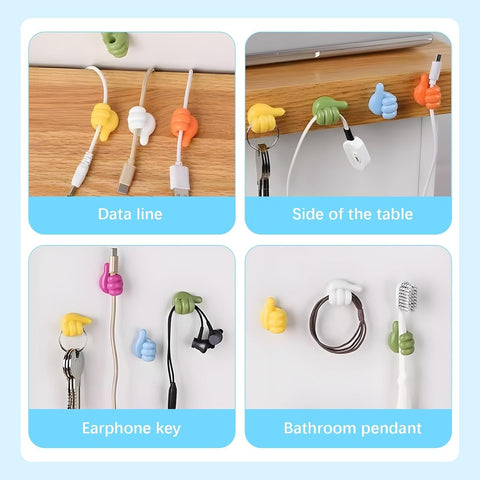 12-Pack Adhesive Thumb Hooks – No-Drill, Removable Cable Holders | Left & Right Hand Wall Clips for USB Cables, Power Cords, Bathroom & Office Use