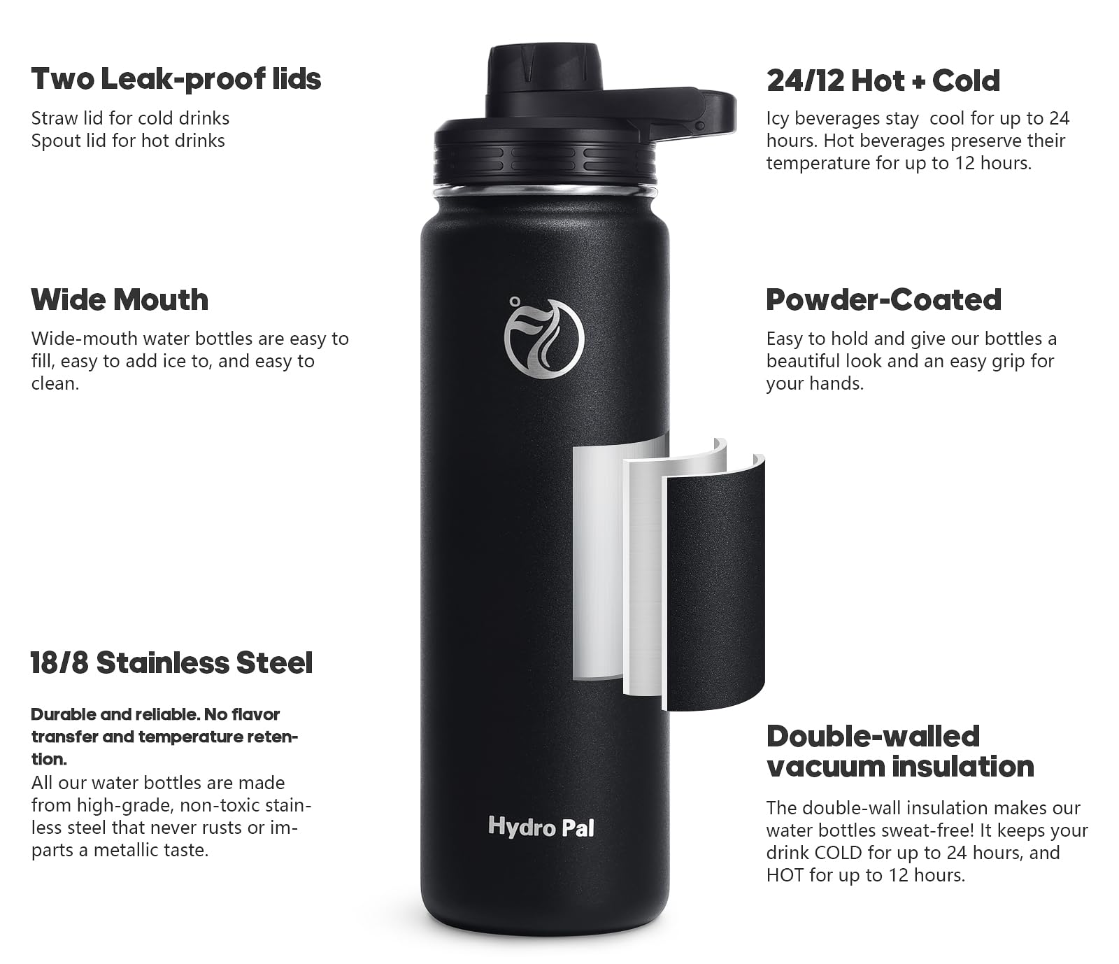 HydroPal Vacuum Insulated Stainless Steel Water Bottle, 1200ml/1000ml/750ml- 2 Lids (Straw Lid and Spout Lid), 2 Straws Water Bottle for 12 Hours Hot & 24 Hours Cold Drinks, Great for Work, Travel
