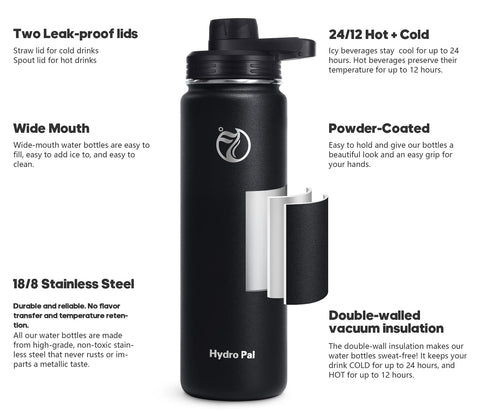 HydroPal Vacuum Insulated Stainless Steel Water Bottle, 1200ml/1000ml/750ml- 2 Lids (Straw Lid and Spout Lid), 2 Straws Water Bottle for 12 Hours Hot & 24 Hours Cold Drinks, Great for Work, Travel