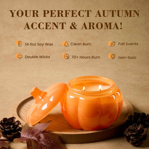 M&SENSE Halloween Pumpkin-Shaped Scented Candles 410g Autumn Pumpkin Spice Candle Pumpkin Apple Pie 85Hours Long Burning Natural Soy Candle for Gift Thanksgiving Halloween Party
