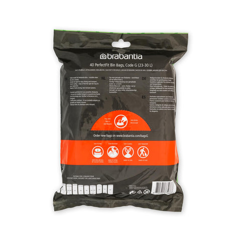 Brabantia PerfectFit Bin Liners (Size G/23-30 Litre) Thick Plastic Trash Bags with Tie Tape Drawstring Handles (40 Bags)