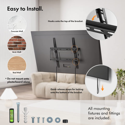 VonHaus TV Wall Bracket for 32-70" Screens, Ultra-Slim TV Bracket with Spirit Level, Flat to Wall Mount, 45kg Capacity, Max VESA: 400x400mm