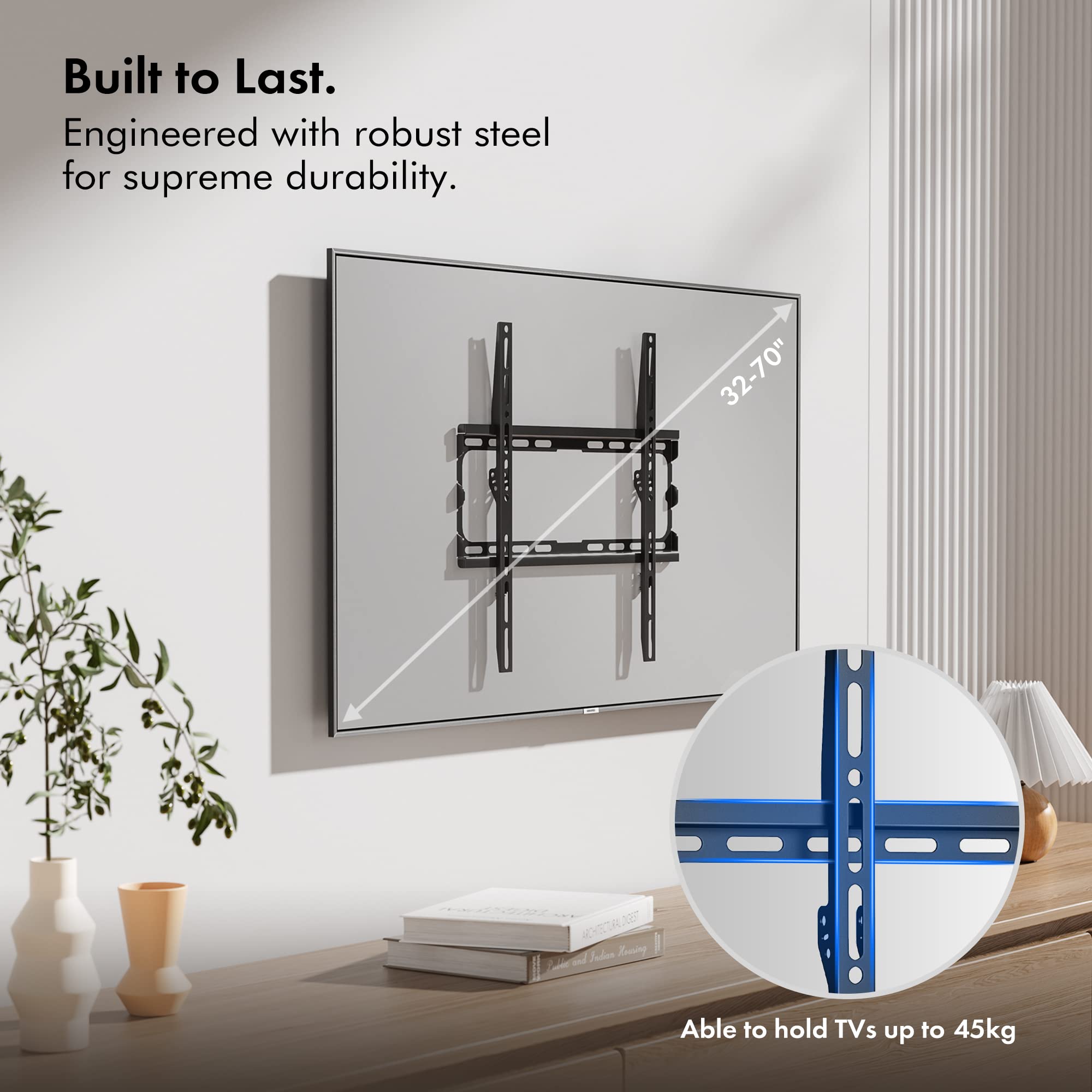 VonHaus TV Wall Bracket for 32-70" Screens, Ultra-Slim TV Bracket with Spirit Level, Flat to Wall Mount, 45kg Capacity, Max VESA: 400x400mm