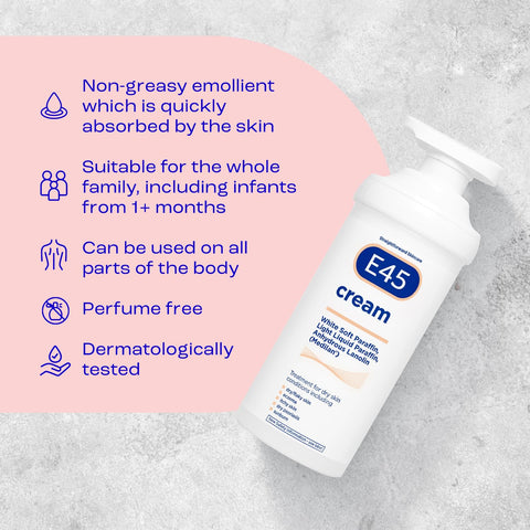 E45 Cream 500 g – E45 Cream for Dry, Irritated Skin – Moisturiser to Soothe Dry & Sensitive Skin - Dermatologically Tested Eczema Dermatitis Cream – Non-Greasy Body Face Hand Cream – Clinically Proven