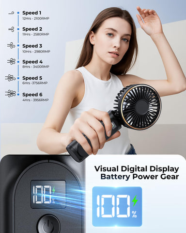 TUNISE Handheld Fan Rechargeable, Portable Fan with 4000mAh, Hand Fan with LED Display, 180° Adjustable, 6 Speed Travel Fan & Power Bank for Home Office Bedroom Outdoor