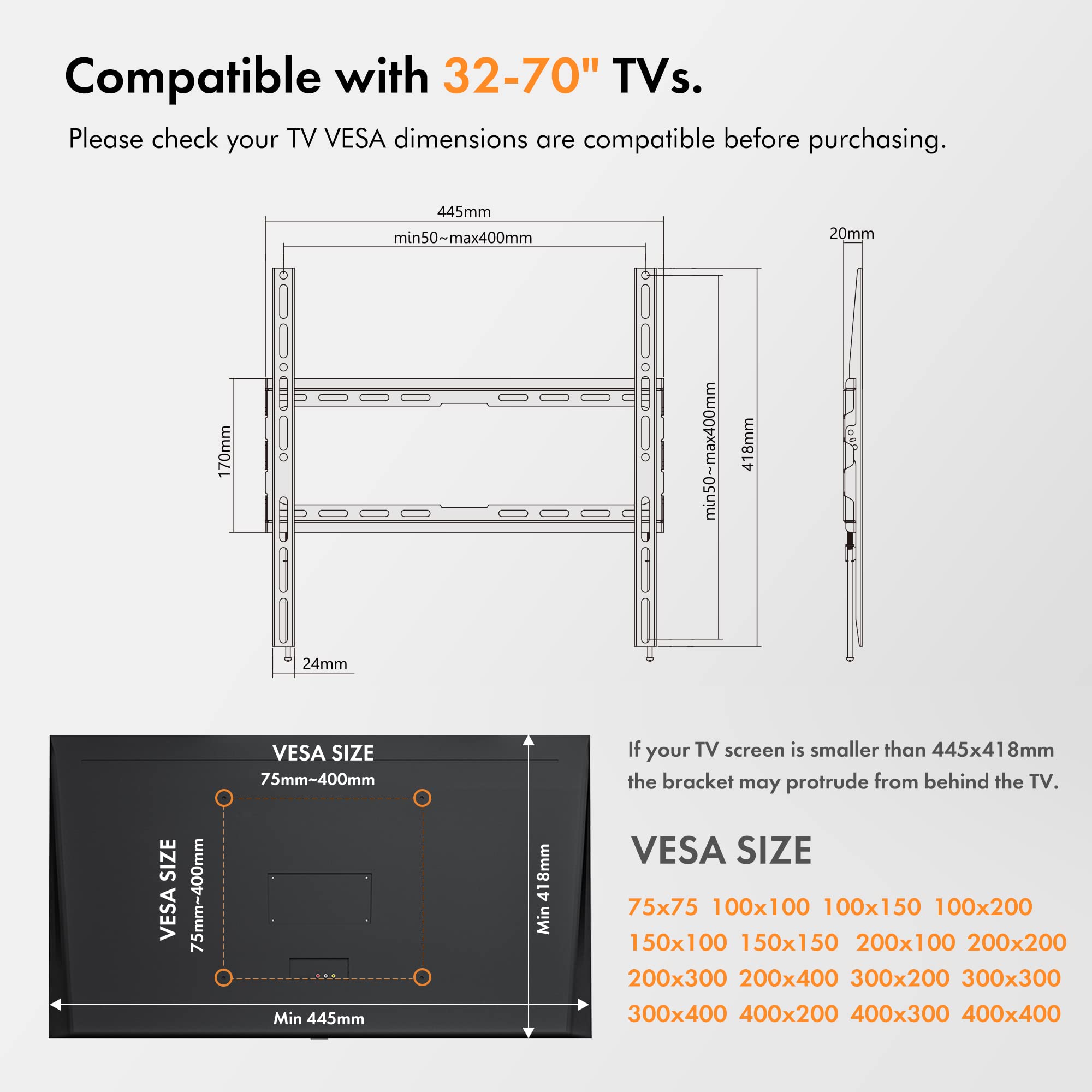 VonHaus TV Wall Bracket for 32-70" Screens, Ultra-Slim TV Bracket with Spirit Level, Flat to Wall Mount, 45kg Capacity, Max VESA: 400x400mm