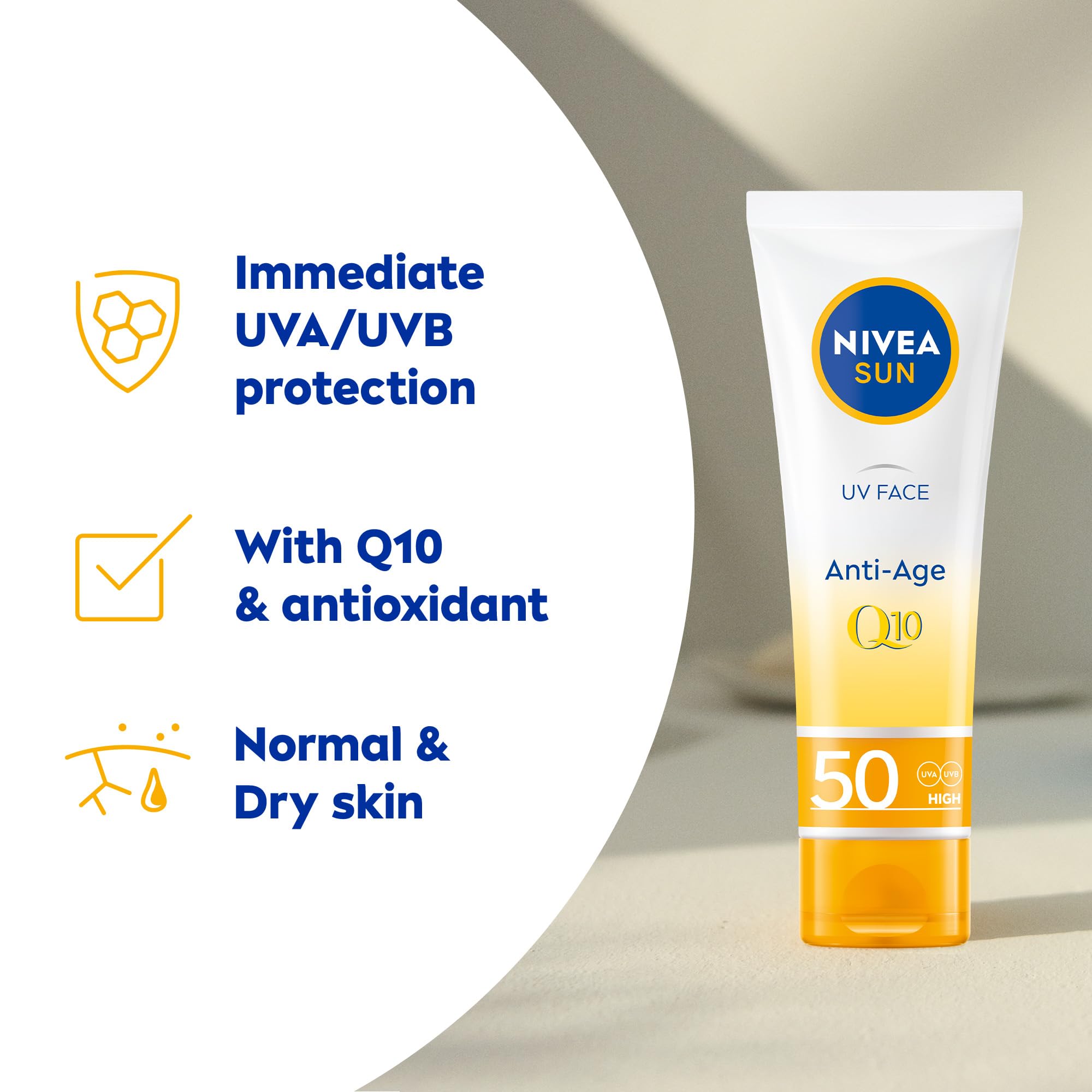 NIVEA Sun UV Face Anti-Age SPF 50 (50ml), Q10 Protects Against UVA/UVB Rays and Premature Skin Ageing, Anti-Ageing Cream, Fights Fine Lines and Wrinkles