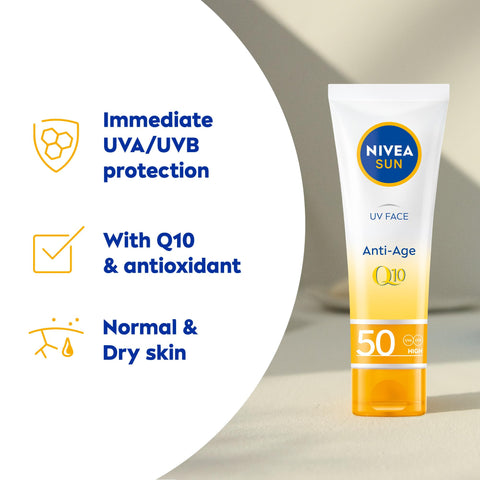 NIVEA Sun UV Face Anti-Age SPF 50 (50ml), Q10 Protects Against UVA/UVB Rays and Premature Skin Ageing, Anti-Ageing Cream, Fights Fine Lines and Wrinkles