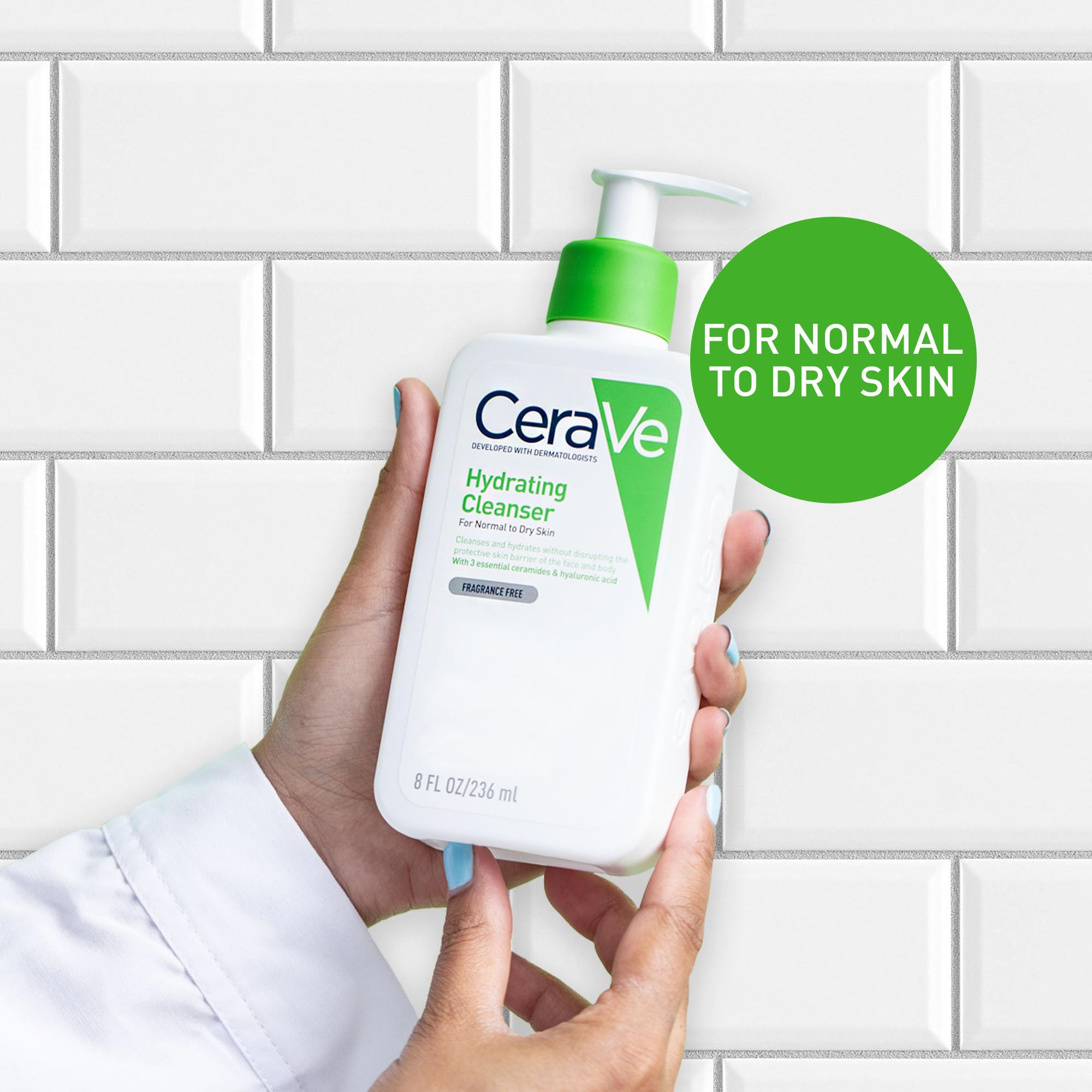 CeraVe Hydrating Cleanser, Face & Body, With 3 essential ceramides & hyaluronic acid, Fragrance & soap free, For normal to dry skin, 236 ml/8 oz