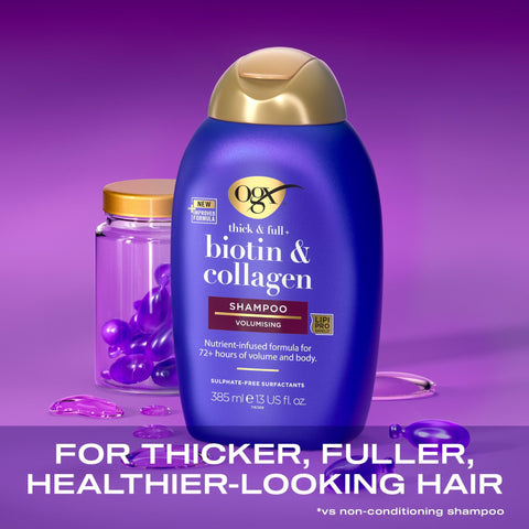 OGX Biotin and Collagen Volumising Hair Shampoo, Thick and Full, with Vitamin B7 Biotin, and Collagen, for Fine Hair, Sulfate Free Surfactants, 385ml