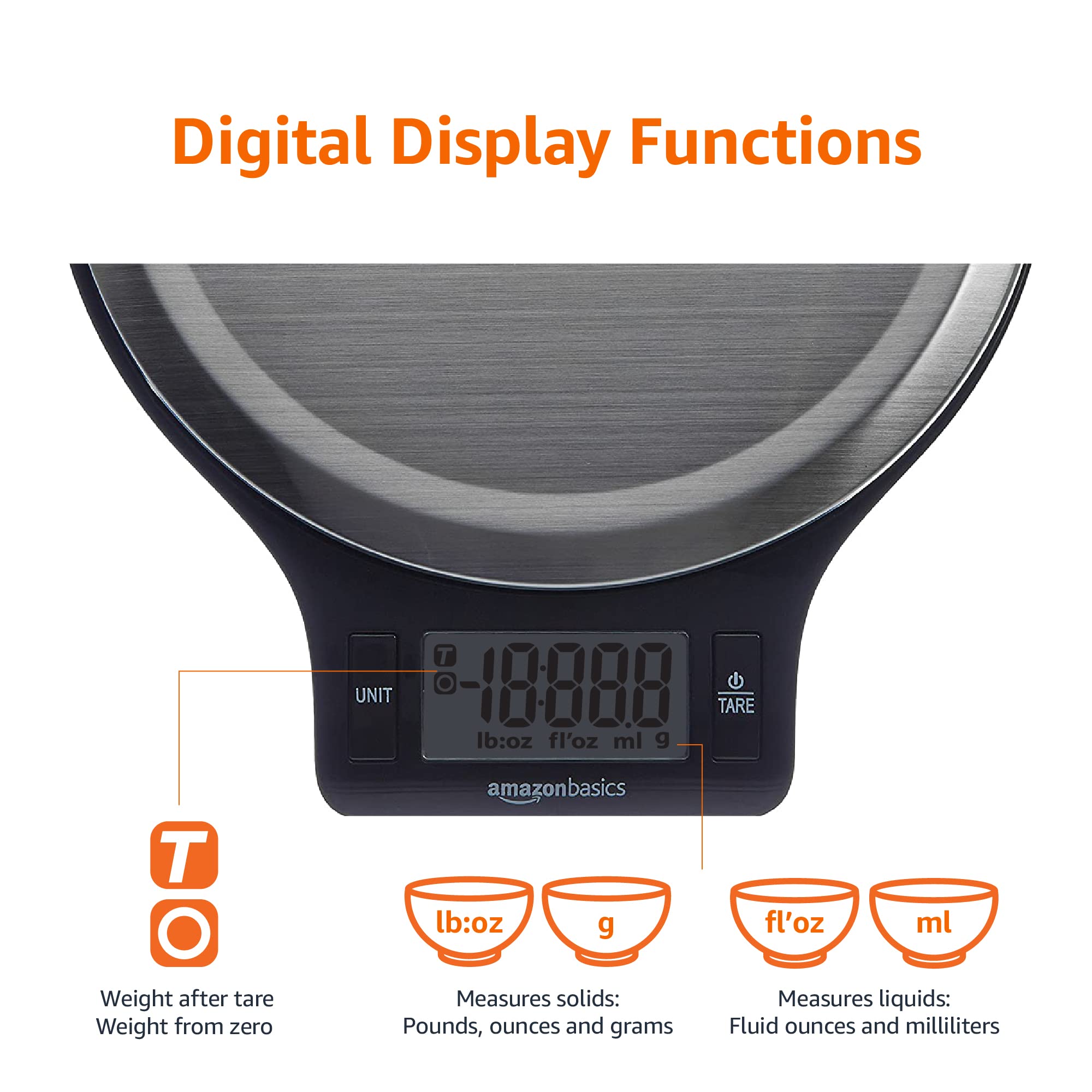 Amazon Basics Digital kitchen scales with LCD display (with batteries), Black and Stainless Steel, BPA free, Weighs up to 11 pounds