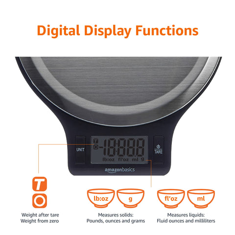 Amazon Basics Digital kitchen scales with LCD display (with batteries), Black and Stainless Steel, BPA free, Weighs up to 11 pounds