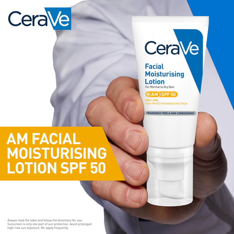 CeraVe AM Facial Moisturising Lotion SPF 50 Normal To Dry Skin 52ml With UV Protection And 3 Essential Ceramides