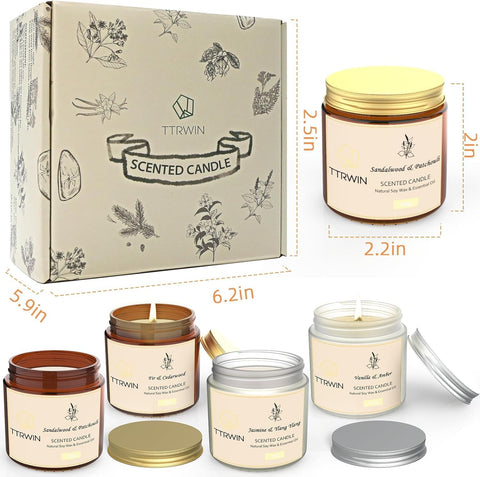 TTRWIN Scented Candles Gift Set, 4 Pack Natural Soy Candles: Jasmine & Ylang Ylang, Sandalwood & Patchouli, Fir & Cedarwood, Vanilla & Amber, Aromatherapy Gift for Christmas Birthday