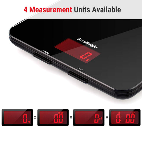 ACCUWEIGHT 201 Digital Kitchen Scales with Tempered Glass Platform (Batteries included), Electronic Weighing Food Scale with Backlit LCD, Multifunction for Office School Home Baking Cooking, 5kg/11lb