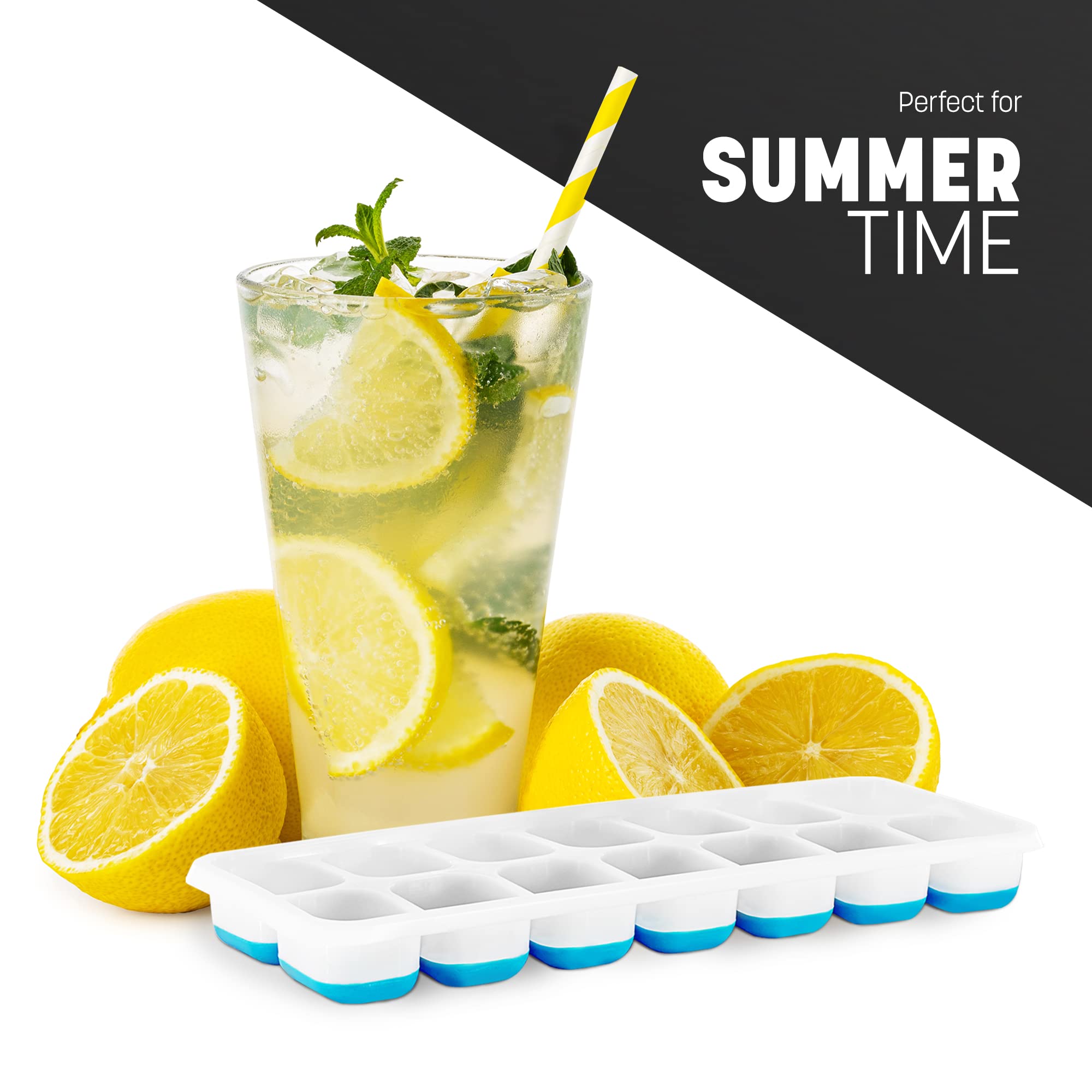 KEPLIN 2pk Silicone Ice Cube Trays with Non-Spill Lids, Easy to Remove Tray, LFGB Certified BPA Free, Flexible Silicone Ice Cube Moulds, Parties, Drinks, Cocktails & Frozen Liquids (2pk Blue)
