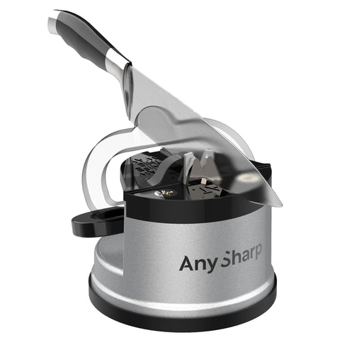 AnySharp Knife Sharpener, Hands-Free Safety, PowerGrip Suction, Safely Sharpens All Kitchen Knives, Ideal for Hardened Steel & Serrated, World's Best, Compact, One Size, Silver
