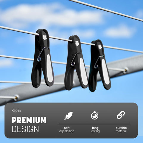 KEPLIN Clothes Pegs for Washing Line - 48 Pack (Black), Washing Line Pegs with Metal Spring for Strong Grip, Washing Pegs Designed to Avoid Marks, UV Resistant for Indoor & Outdoor