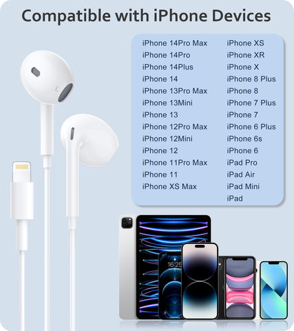 2-Pack Lightning Headphones, [MFi Certified] iPhone Headphones Wired Built-in Microphone and Volume Control Noise Cancellation，Wired Earphones Compatible with iPhone 14/14 Pro/13/12/11/XR/XS/X/8/7/SE