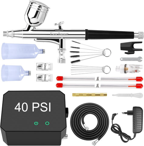 Powate Airbrush Kit Airbrush Compressor Dual-Action Multi-Function Airbrush Set with Compressor Portable Air Brush Set for Cake Decoration, Makeup, Art Craft, Nail Design,Black