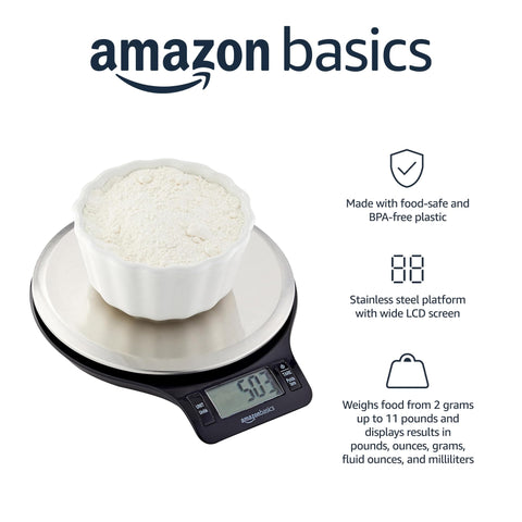Amazon Basics Digital kitchen scales with LCD display (with batteries), Black and Stainless Steel, BPA free, Weighs up to 11 pounds