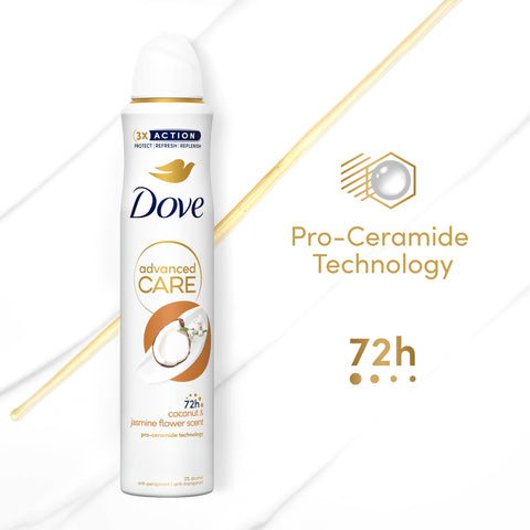 Dove Advanced Care Coconut & Jasmine Flower Scent Women's Antiperspirant Deodorant Body Spray with Pro-Ceramide technology for 72 hours of protection 200 ml