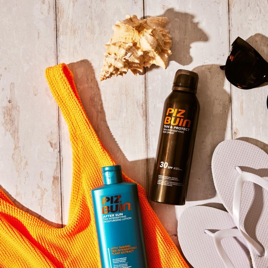 Piz Buin After Sun Tan Intensifying Moisturising Lotion (200ml), Nourishing Aftersun Cream with Vitamin E and Shea Butter, Ideal to Soothe Sensitive Skin, with Tanimel Tan Intensifying Plant Extract