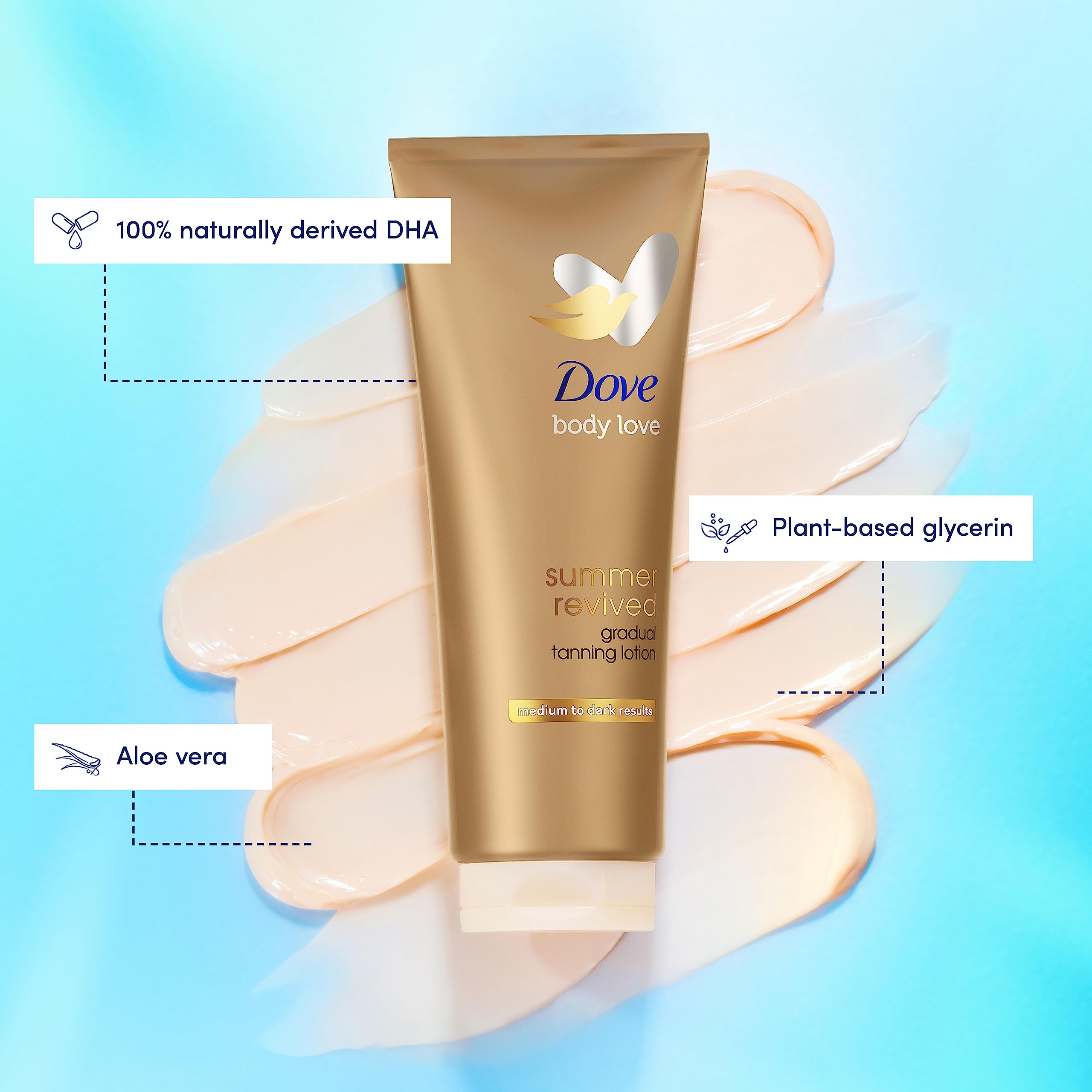 Dove Summer Revived Medium to Dark Gradual Tanning Lotion for a gradual tan and natural, radiant glow non‑greasy self-tan for all skin types 200 ml