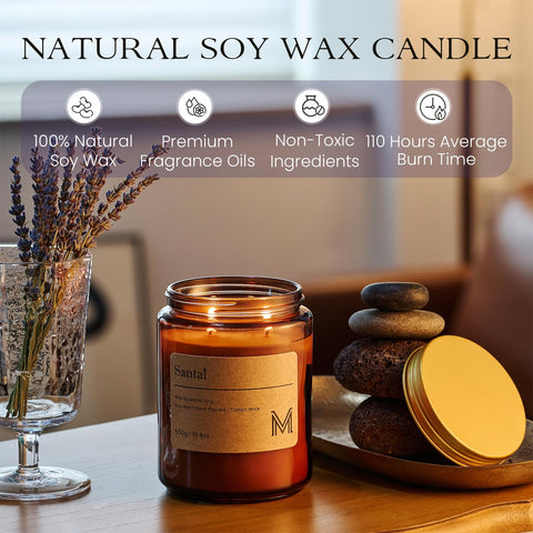 M&SENSE Scented Candles Gifts for Women 550g Santal 2-Wick Natural Soy Wax Large Candles 110H Long Burning Aromatherapy Candles Gift for Men, Perfect Halloween Christmas Gifts