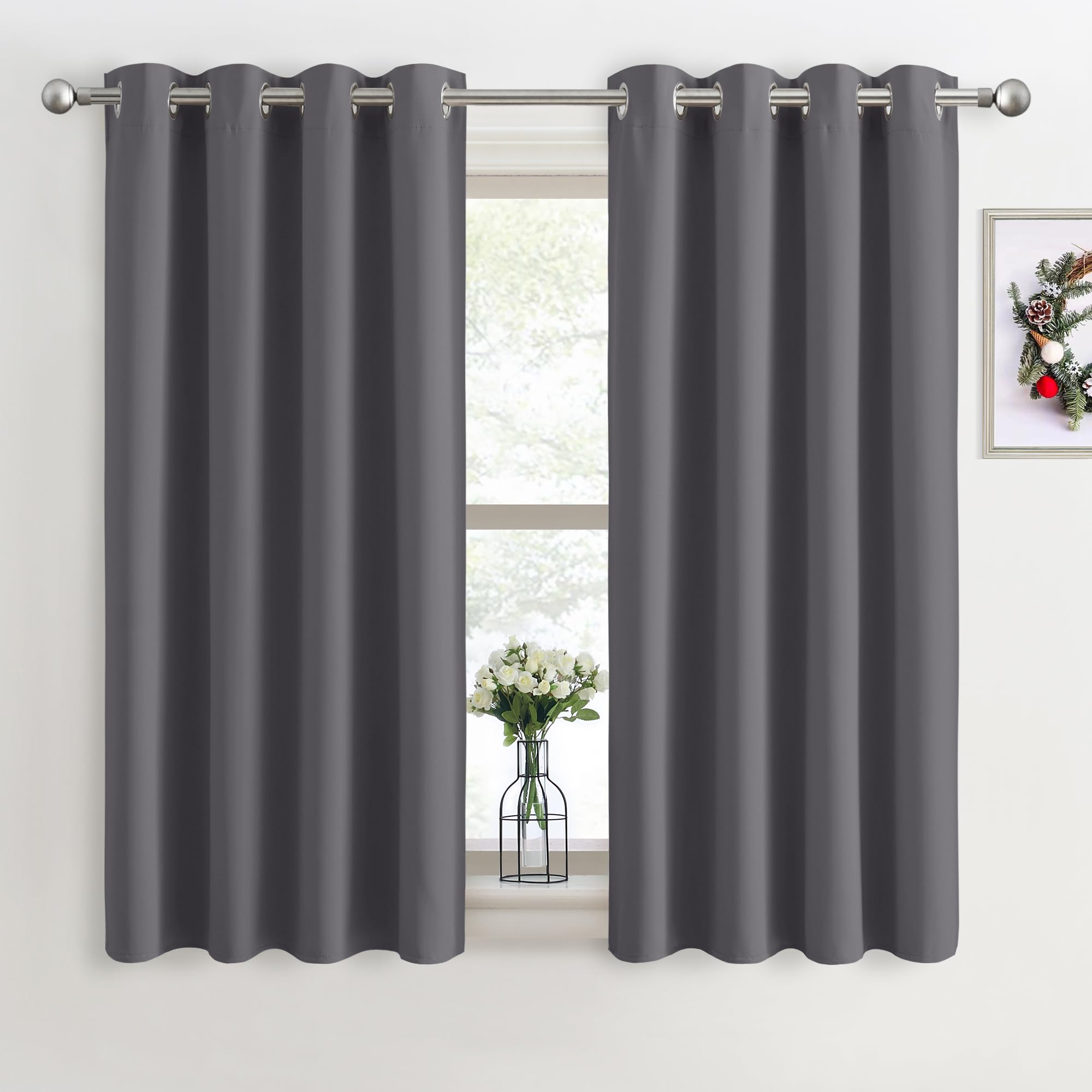 PONY DANCE Grey Blackout Thermal Insulated Curtains for Bedroom, 46 x 54 Inch Short Eyelet Curtains & Drapes, Soft Black Out 2 Panels for Window Living Room/Kitchen