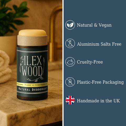The Ilex Wood - Ylang Ylang & Cedarwood Natural Deodorant - 70ml. Natural Deo in Eco Friendly Cardboard Tube, Vegan, no Plastic, no Alcohol, no Toxins, no Aluminium Salt & Cruelty Free for Women & Men