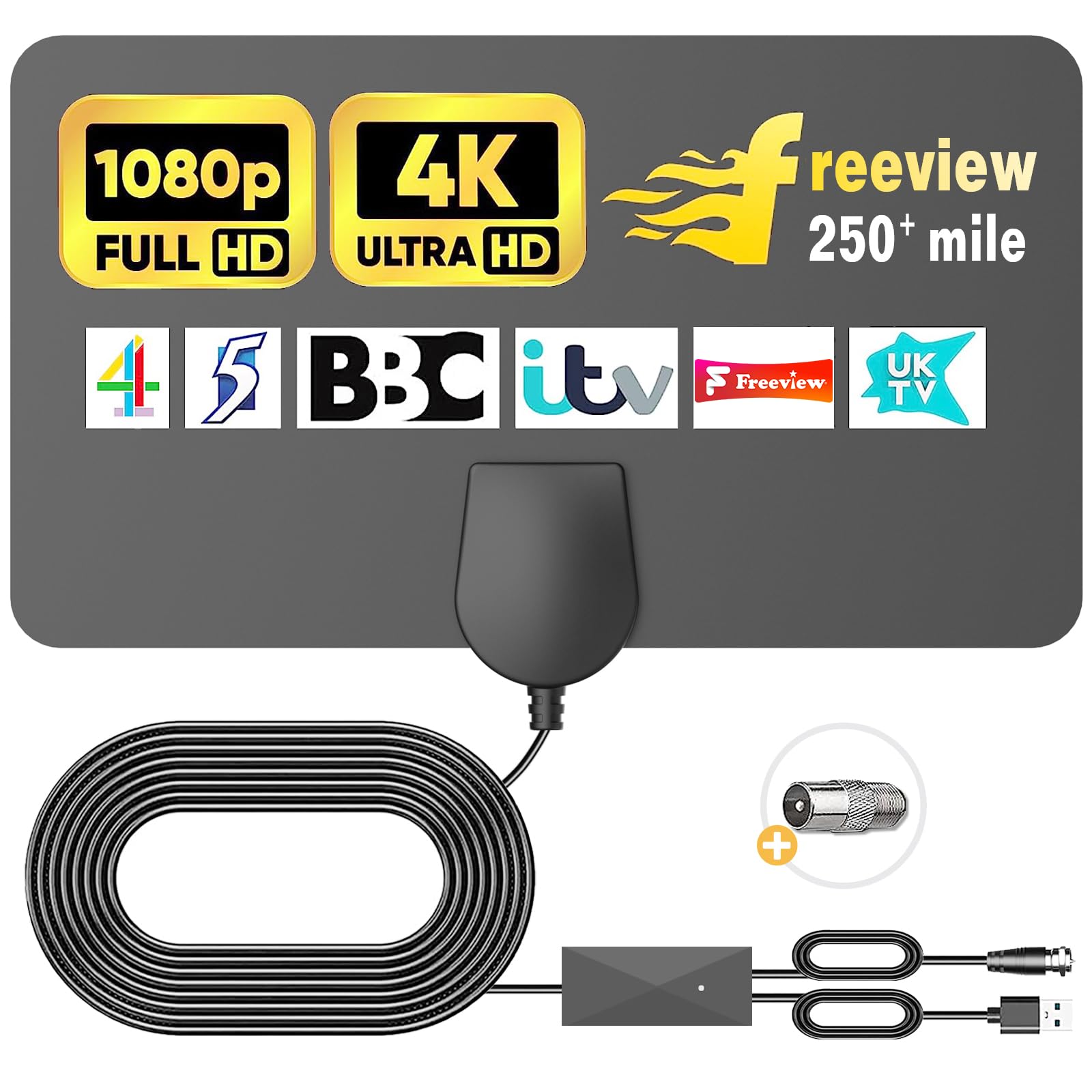 Digital TV Aerial 350+ Miles Long Range - Amplified HD TV Antenna Indoor for Freeview TV Support 4K 1080P (Bright Black)