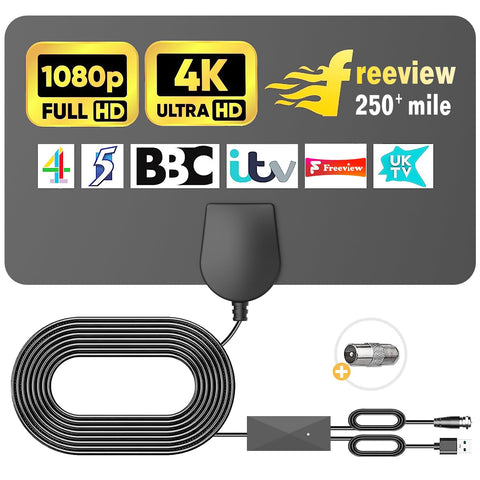Digital TV Aerial 350+ Miles Long Range - Amplified HD TV Antenna Indoor for Freeview TV Support 4K 1080P (Bright Black)