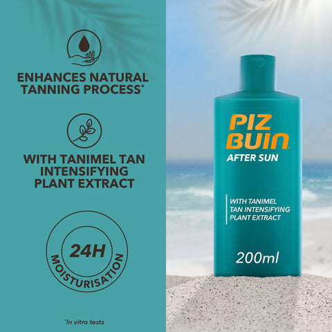 Piz Buin After Sun Tan Intensifying Moisturising Lotion (200ml), Nourishing Aftersun Cream with Vitamin E and Shea Butter, Ideal to Soothe Sensitive Skin, with Tanimel Tan Intensifying Plant Extract