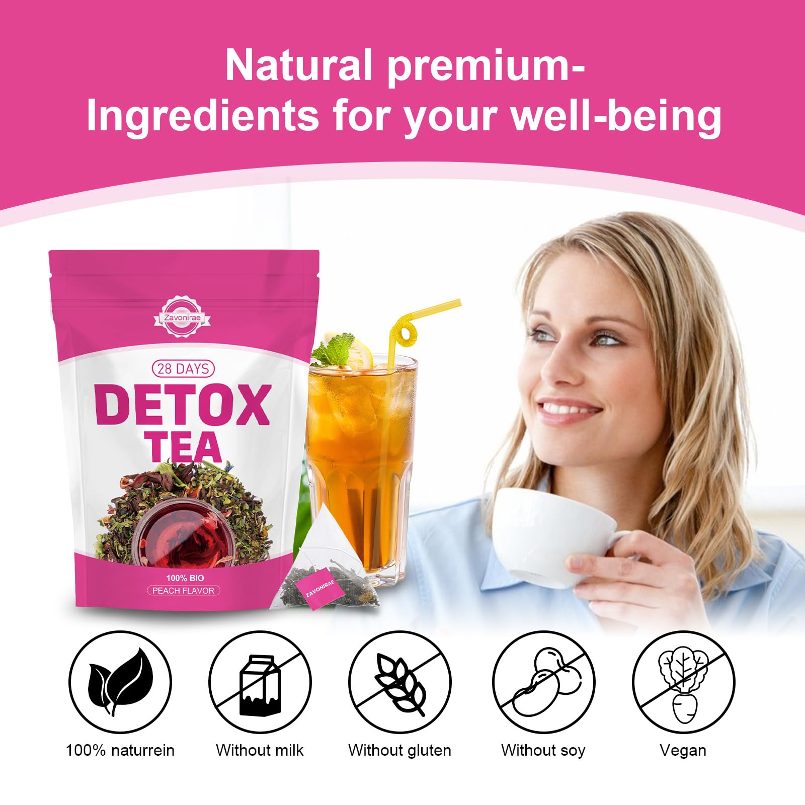 Detox Tea - 28 Days Herbal Tea | Natural Wellness Tea with Green Tea & Dandelion | Gentle Cleanse & Metabolism&Healthy Weight Support | Vegan, Caffeine-Free, Peach Flavour
